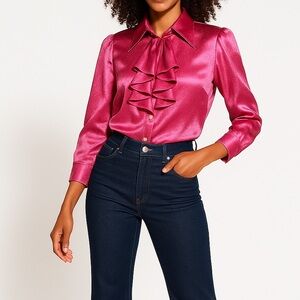 VINTAGE CYNTHIA STEFFE Satin Ruffle Blouse | Medium | Pink | 70s Retro Statement